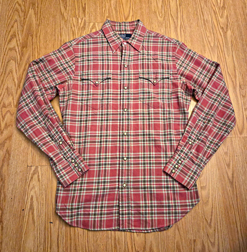 Vintage Polo Ralph Lauren Western Plaid Pearl Snap Shirt Men's Small Red
